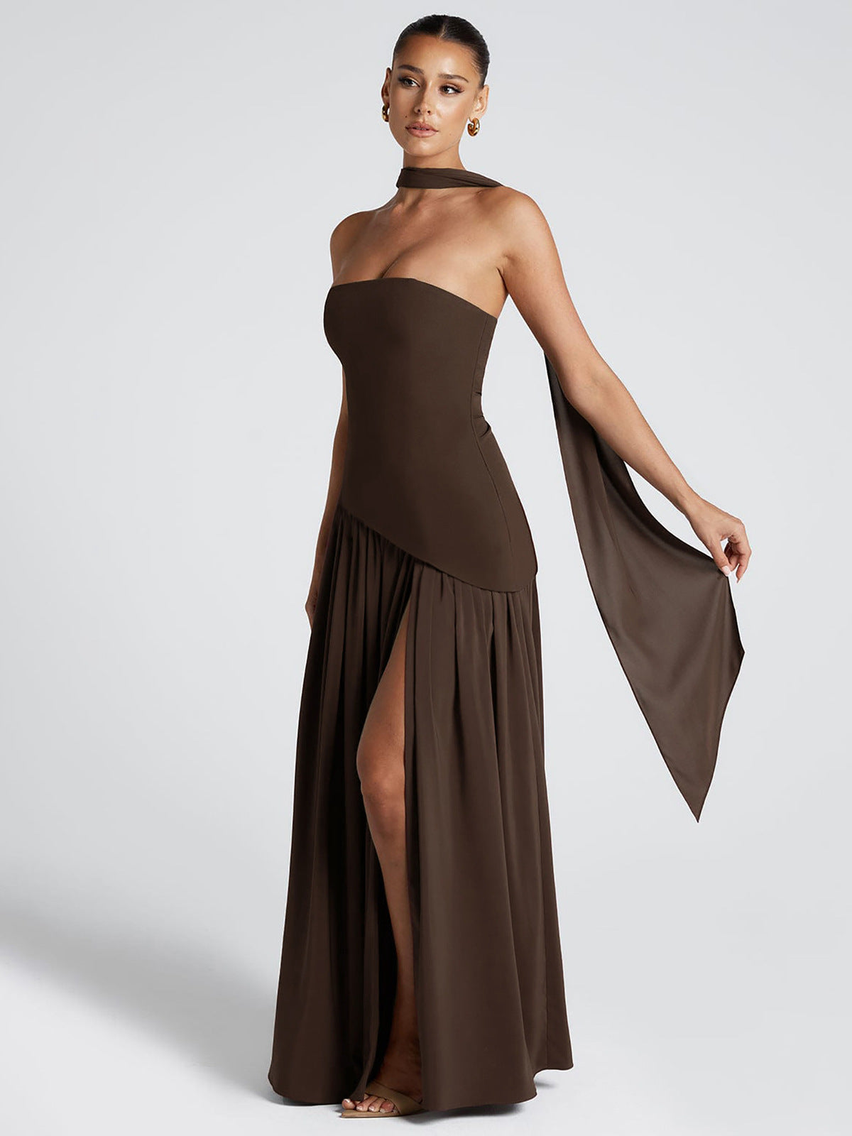 Women's Elegant Sexy Solid Color Tube Top Long Strap Split Backless Maxi Dress