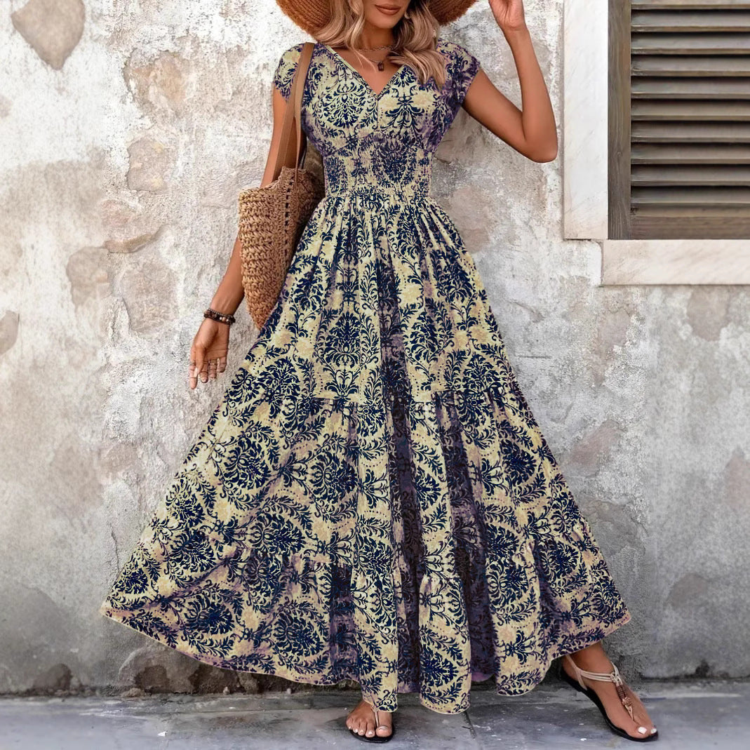 Women's Casual Boho Printed V-Neck Short Sleeve Loose Dress