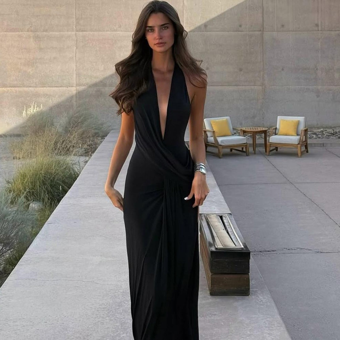 Women's Sexy Solid Color Backless V-Neck Side Slit Maxi Dress