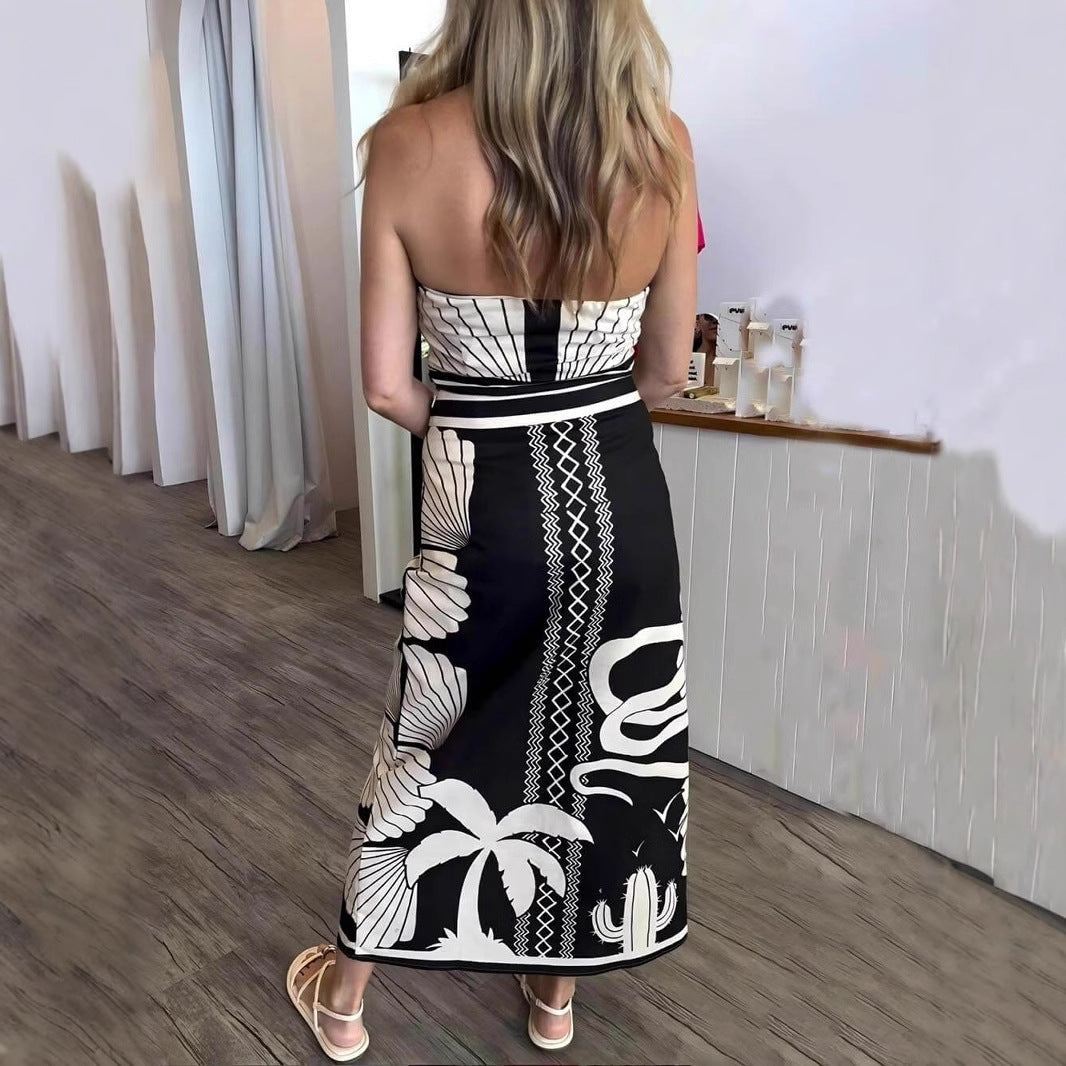 Women's Sexy Shell Print Sleeveless Backless Split Midi Dress