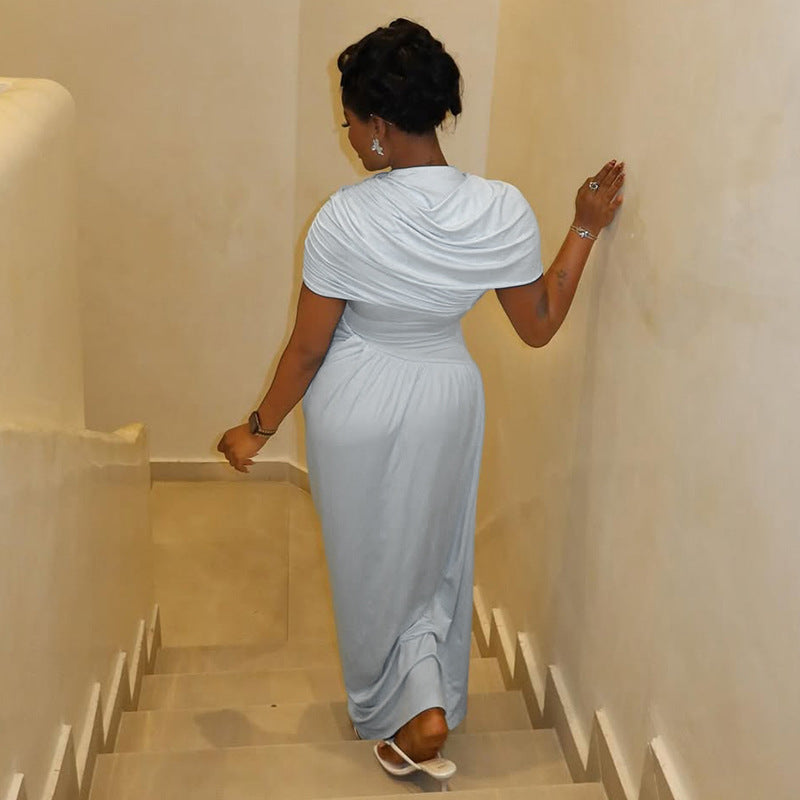 Women's Elegant Solid Pleated Asymmetrical Maxi Dress