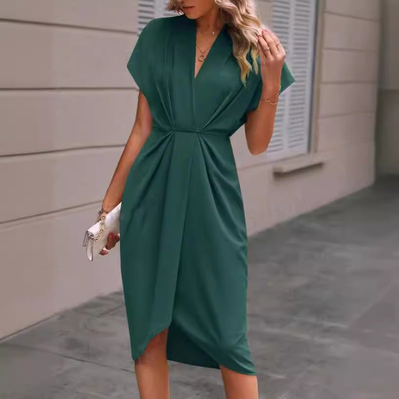 Women's Casual Polyester Midi Dress, with V-Neck