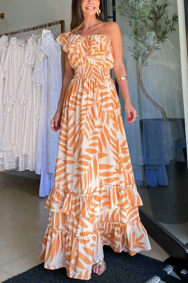 Women's Casual Leaf Print Boat Neck Elastic Waist Long Dress