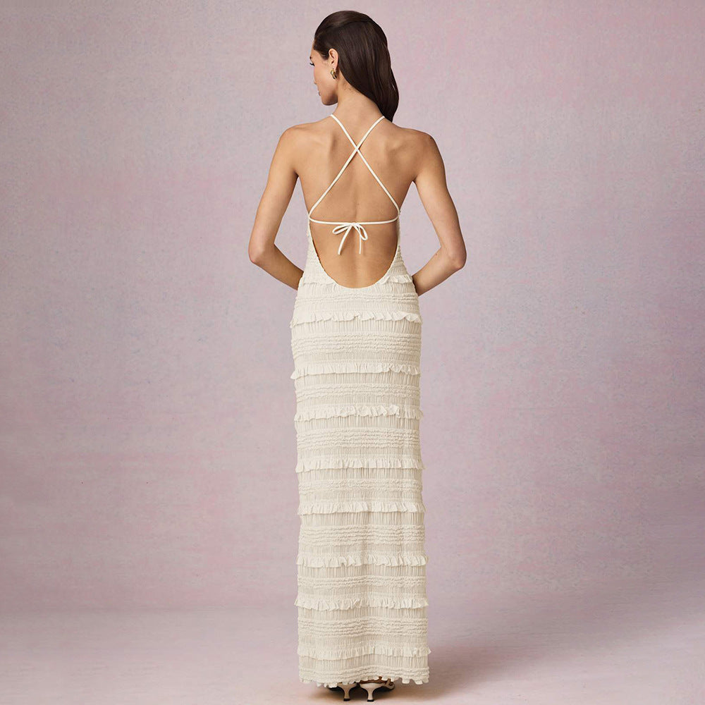 Women's Solid Color Lotus Leaf Lace Sleeveless Backless Neck Strap Long Dress