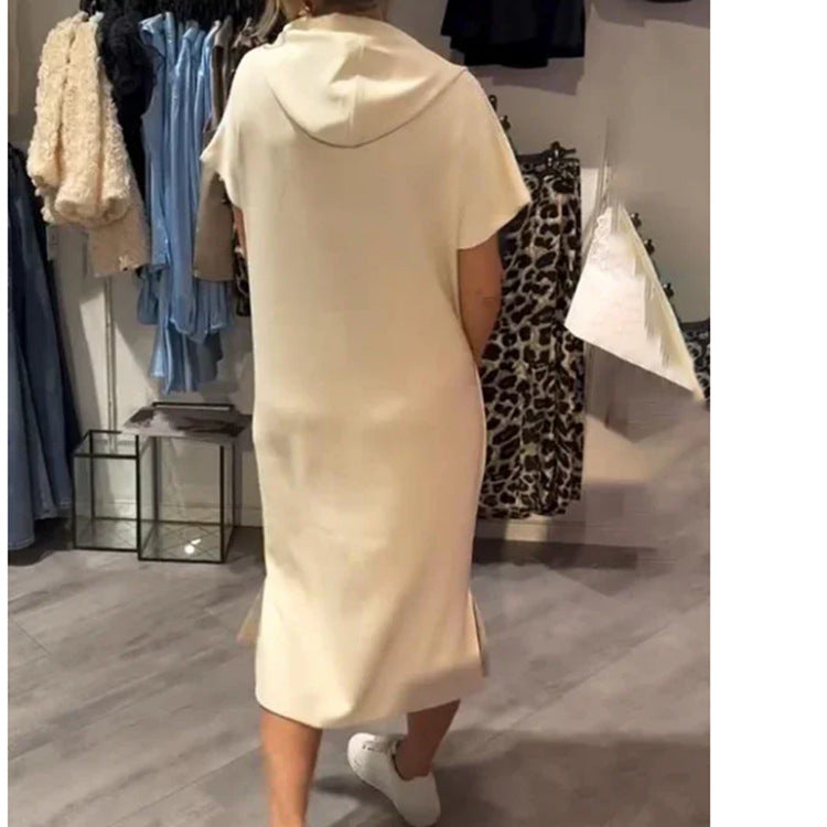 Women's Casual Plus Size Solid Color Short Sleeve Pocket Hoodies Loose Dress