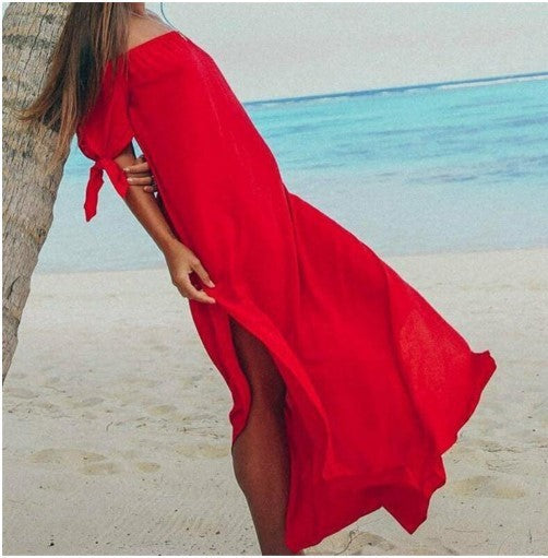 Women's Casual Solid Color Boat Neck Short Sleeve Slit Long Dress
