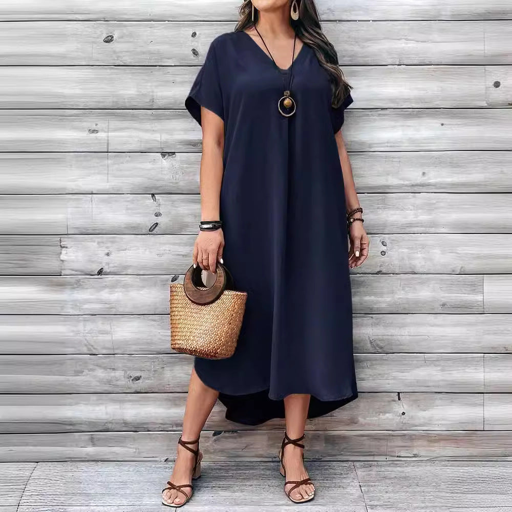 Spring and Summer Plus Size Women Casual V-Neck Irregular Skirt Dress
