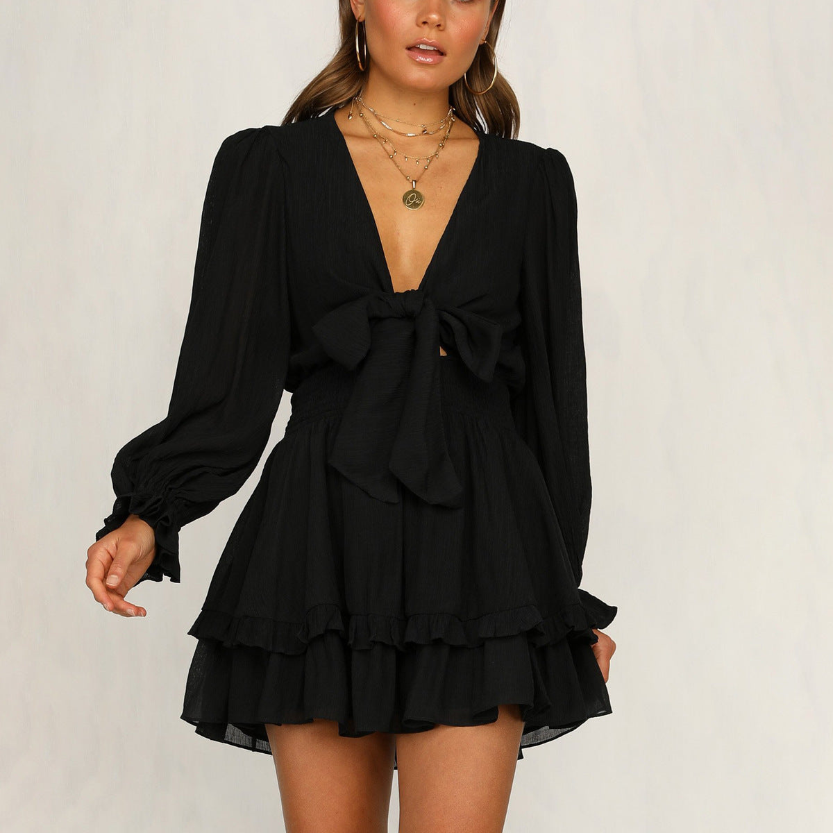 Women's Casual Solid Color V-Neck Puff Long Sleeve Lace-Up Ruffled Dress