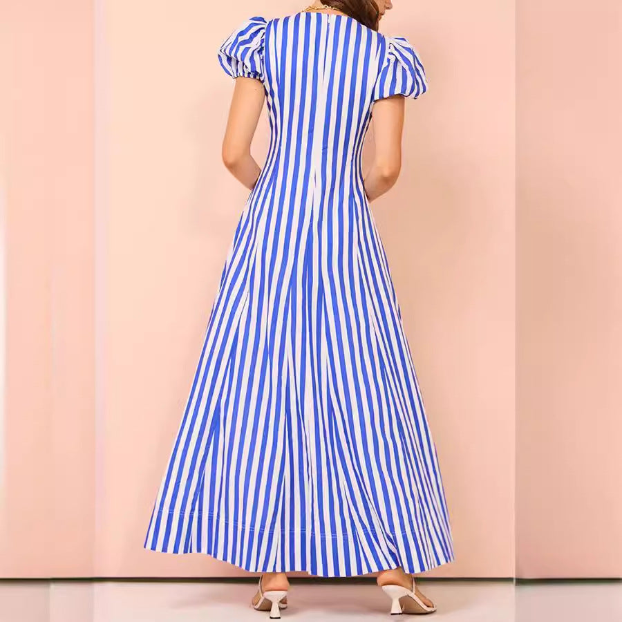 Women's Vintage V-Neck Stripe Puff Sleeve Swing Casual Maxi Dress