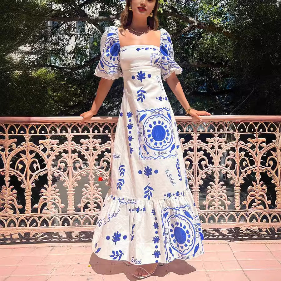 Women's Casual Square Collar Floral Print Maxi Dress
