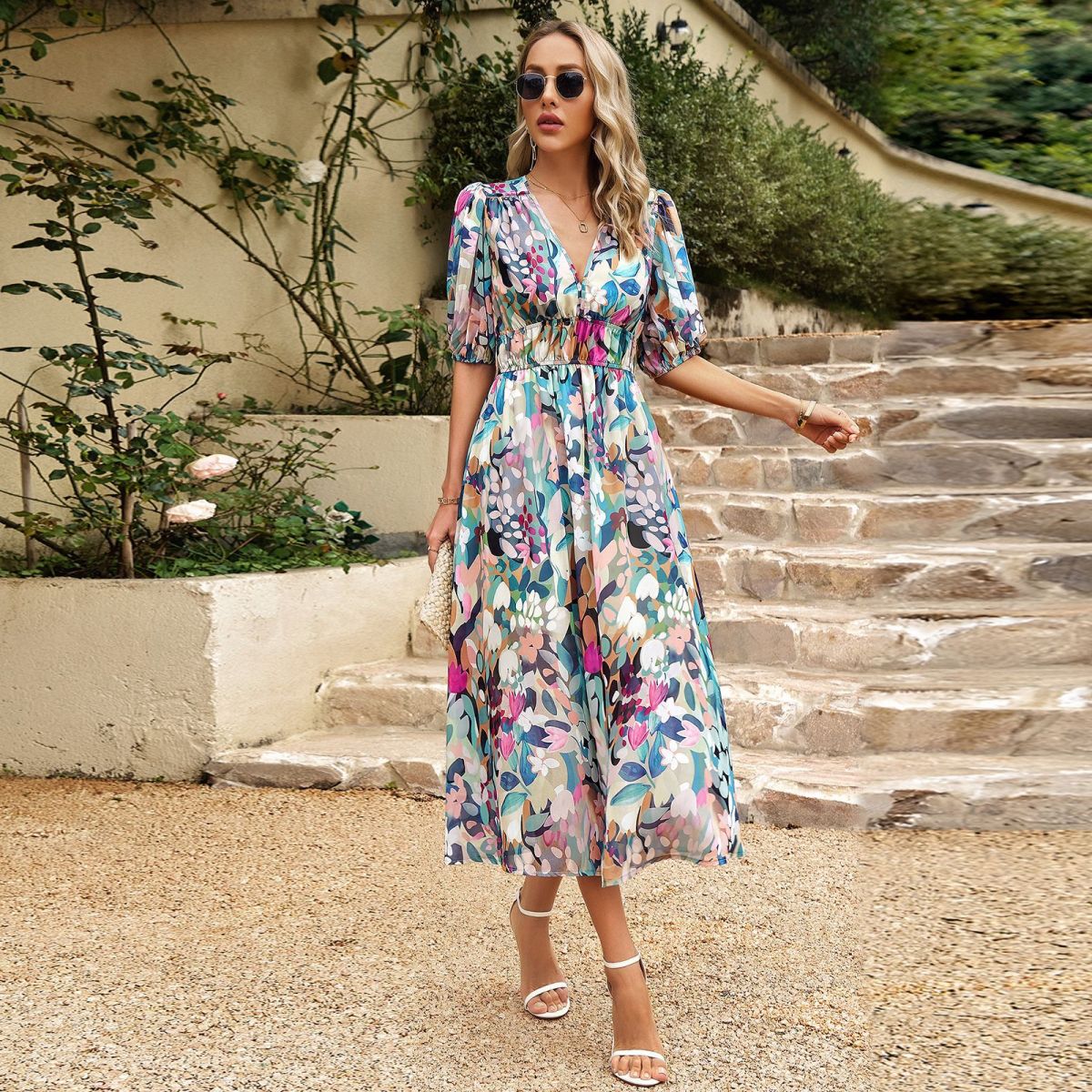 Women's Summer Casual V-Neck Floral Print Short Sleeve Maxi Dress
