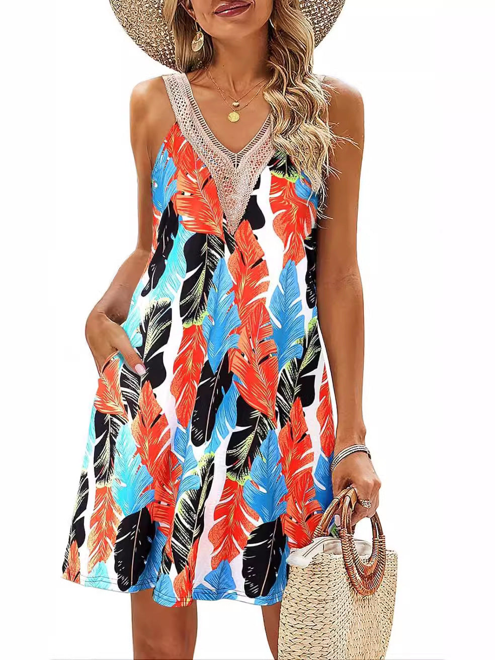 Women's Summer Casual V-Neck Leaves Floral Printed Sleeveless Dress