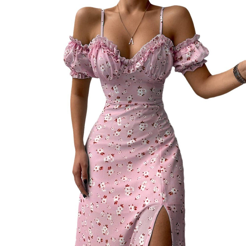 Women's Spring and Summer Flower Print Ruffle Side Slit Dress