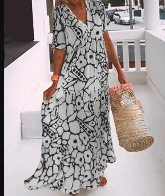 Women's Summer Casual Geometric Print Deep V Maxi Dress