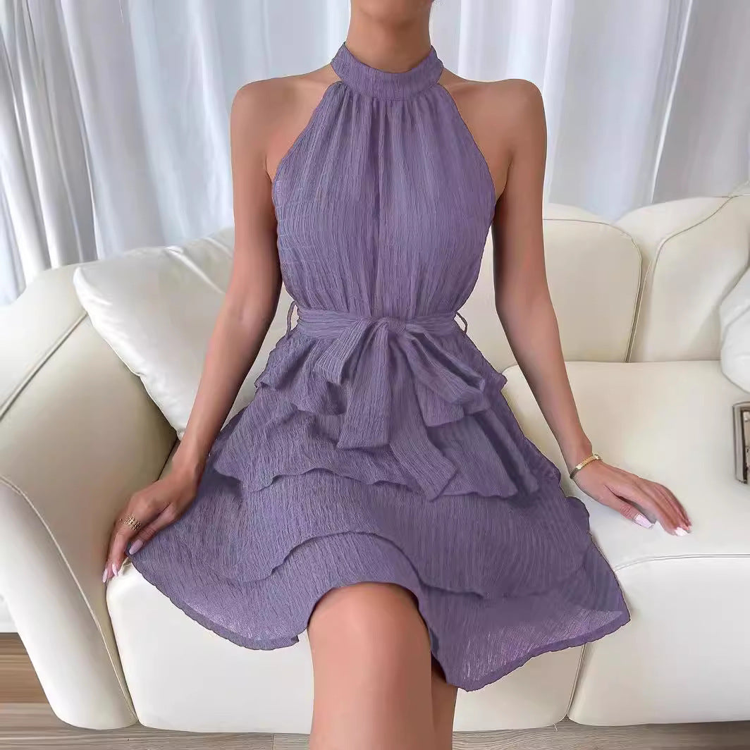 Women's Summer Solid Color Halter Neck Lace Sleeveless Ruffled Dress