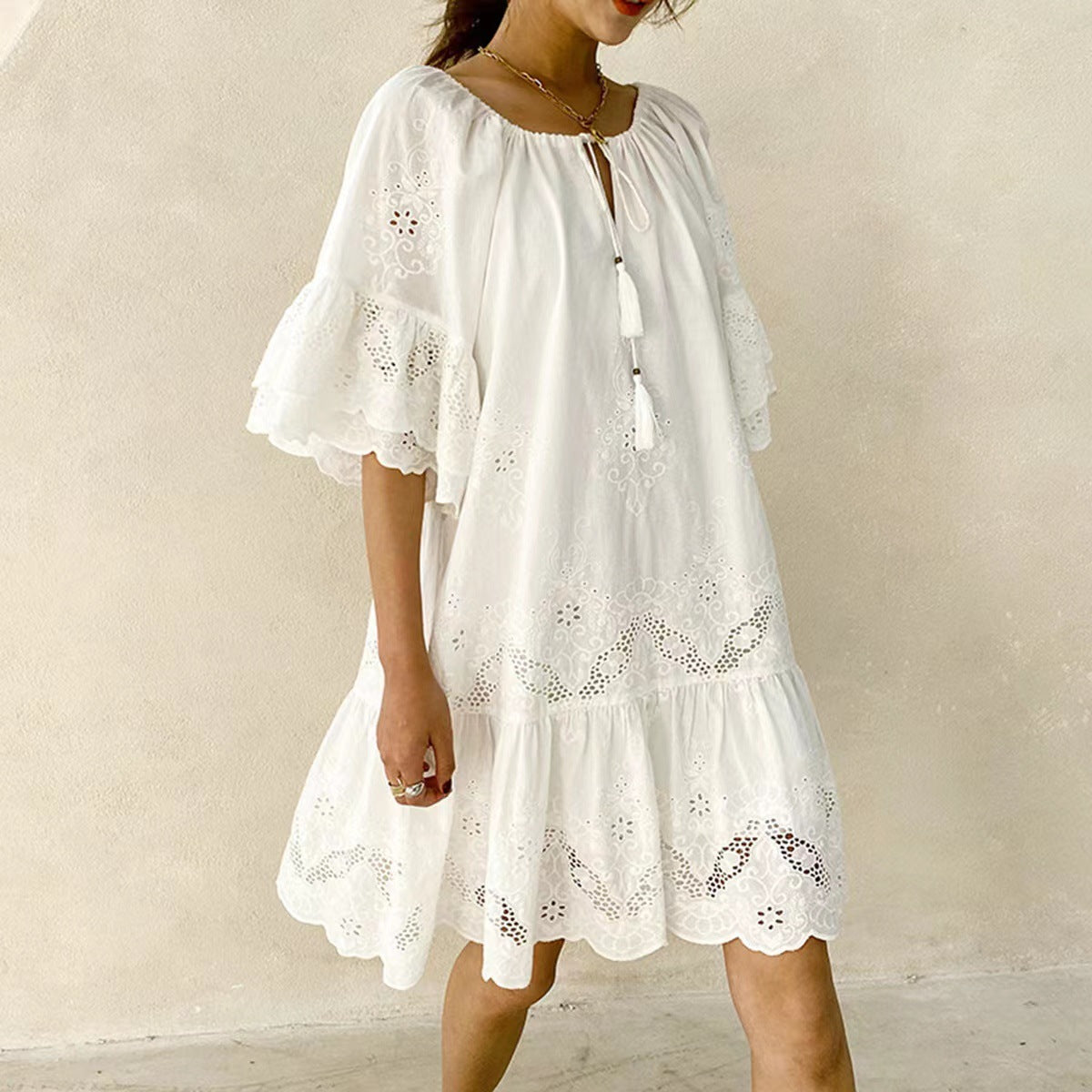 Women's Casual Solid Color Hollow Cotton Loose Princess Dress