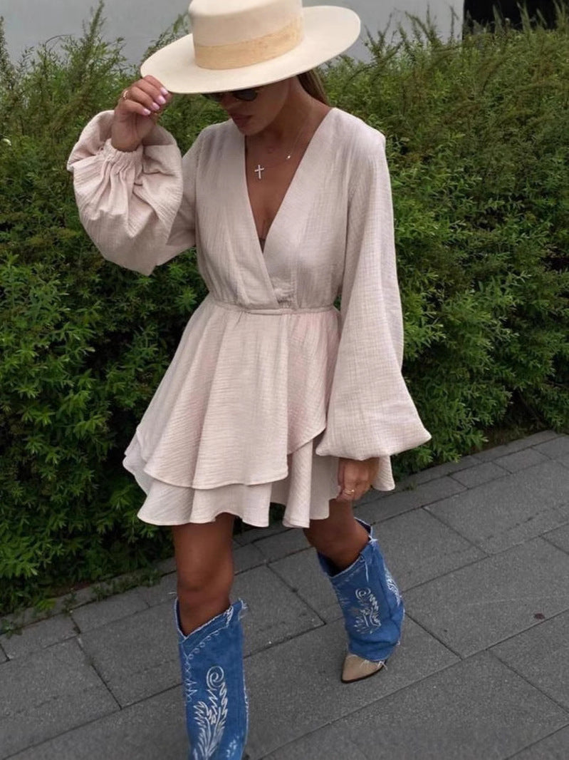 Women's Casual Solid Color V-Neck Long Sleeve Waist Loose A-Line Dress