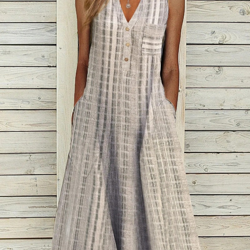 Women's Casual V-Neck Leopard Polka Dot Plaid Print Loose Midi Dress