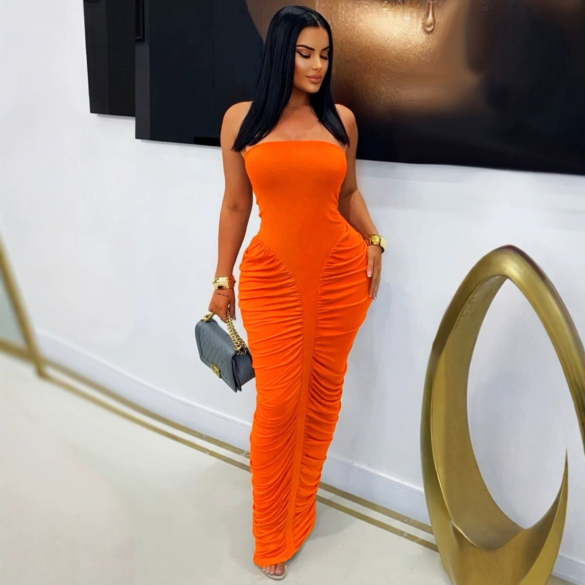 Women's Sexy Solid Color Pleated Tube Top Slim Fit Dress