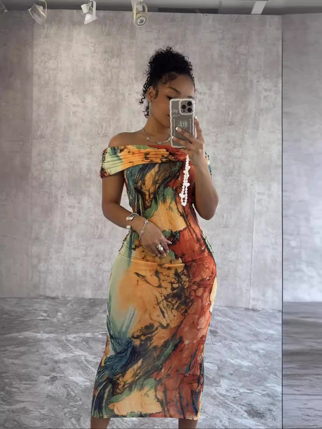 Women's Sexy Off Shoulder Graphic Printed Tight Midi Dress