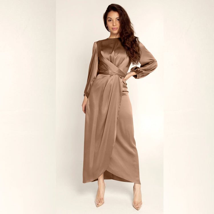 Women's Elegant Basic Long Sleeves Solid Color Satin Maxi Dress