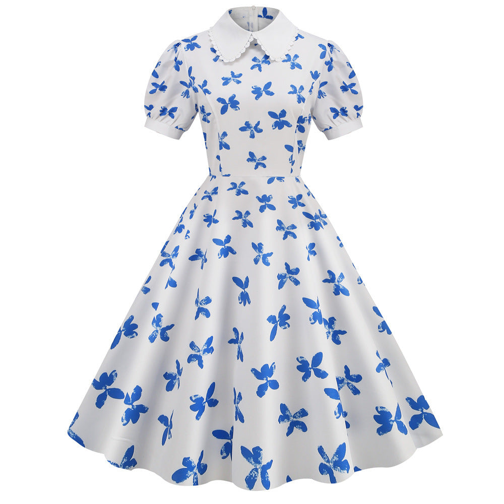 Women's Vintage Summer Floral Printed Short Sleeve Doll Collar Large Swing Dress