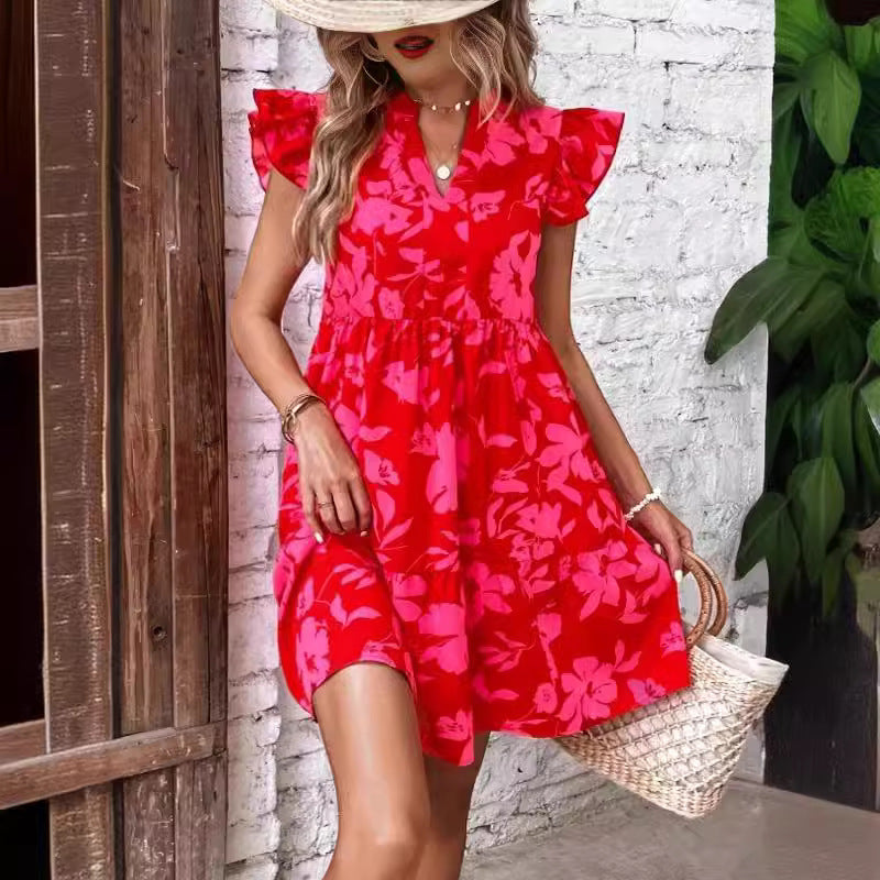 Summer Vacation Bohemian Style Women Casual Flower Motion Ruffle Midi Dress