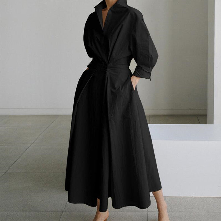 Women's Elegant Solid Color Lapel Long Sleeves Bandage Ruffled Dress