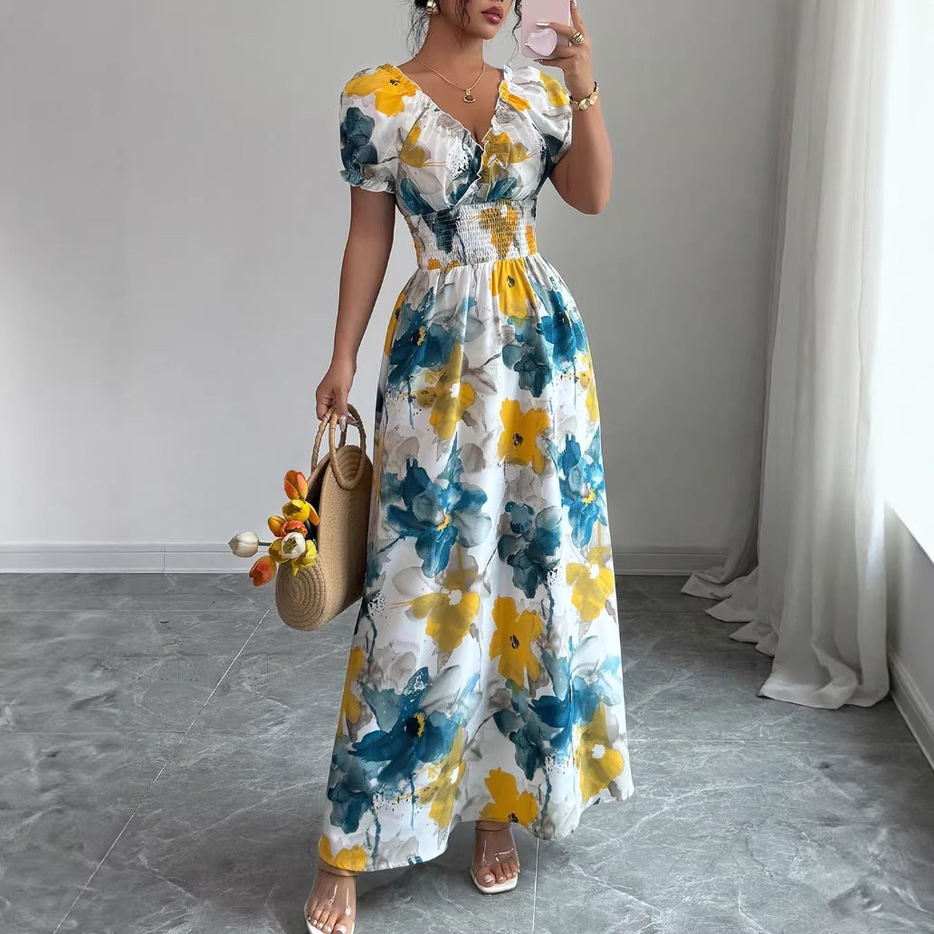 Women's Casual Summer Floral Print V-Neck Bubble Sleeve A-Line Dress