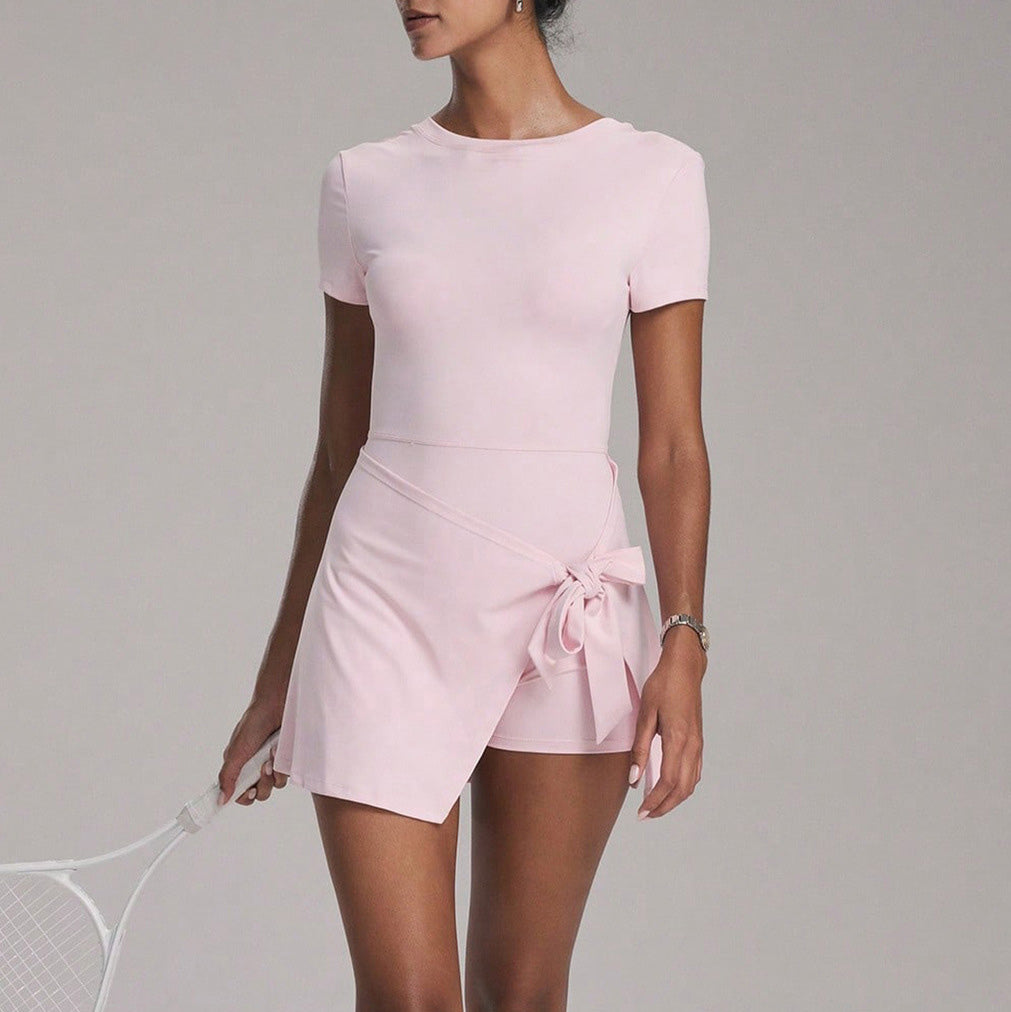 Women's Solid Color Fake Two-Piece Anti-Glare Short Sleeve Lace-Up Yoga Dress