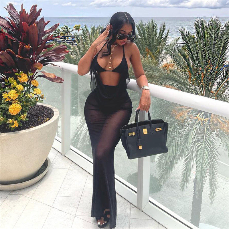 Women's Sexy Halter Neck Sleeveless Mesh Stitching High Waist Fit Maxi Dress