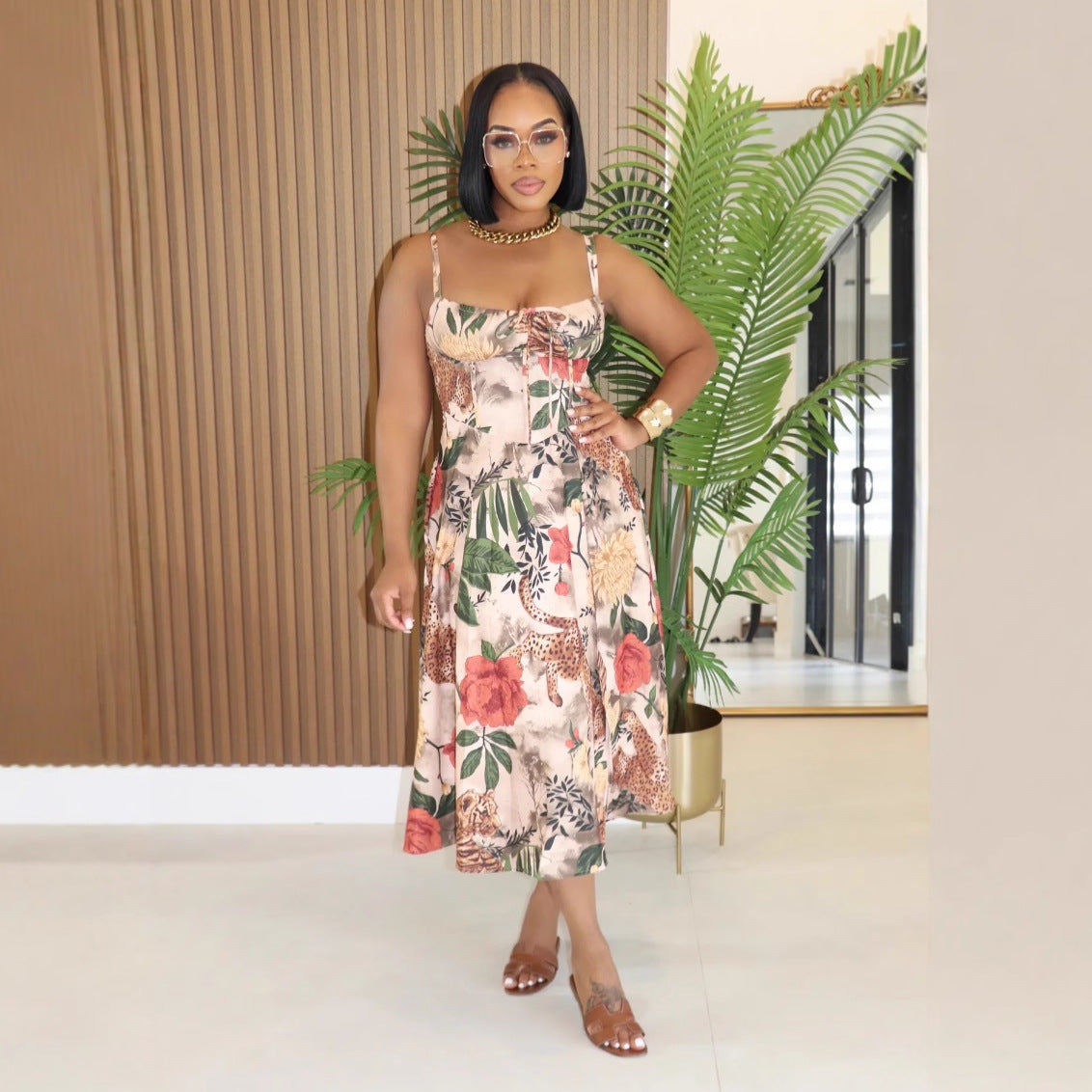 Women's Sexy Floral Printed Spaghetti Strap Split Midi Dress