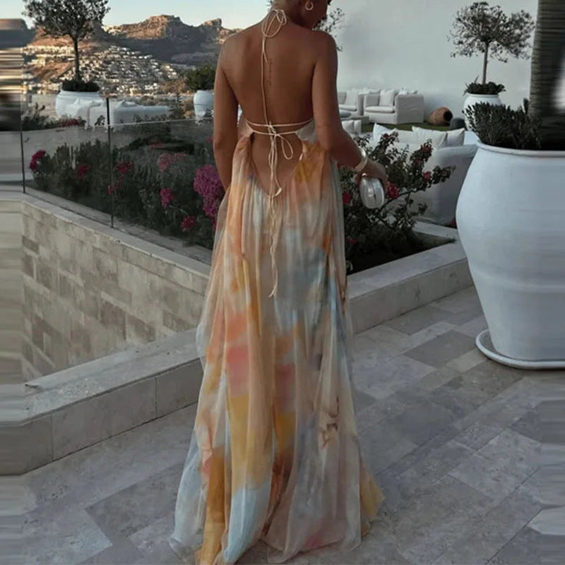 Women's Printed Halter-Neck Backless Loose Dress