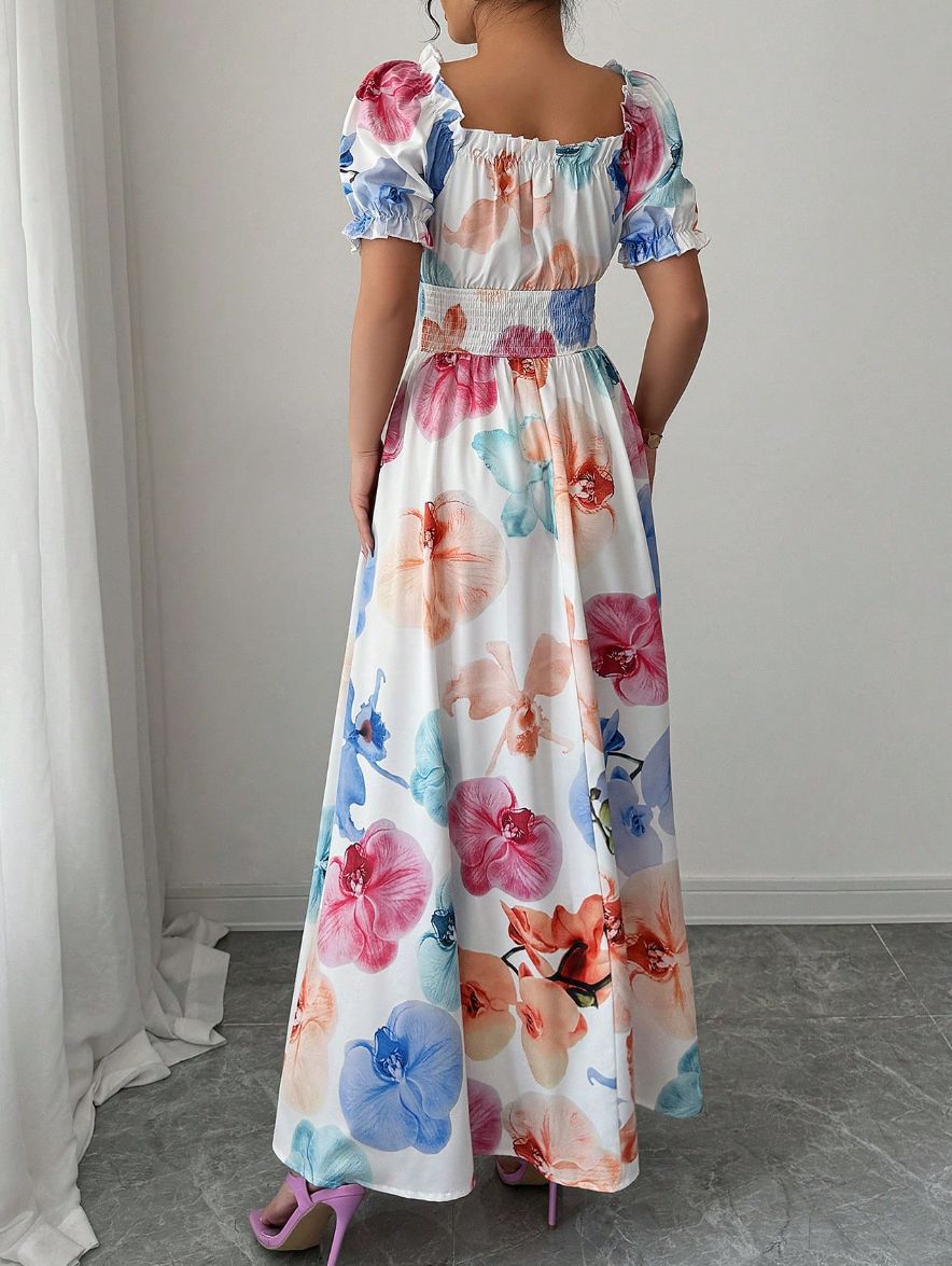 Women's Elegant Floral Printed Bubble Sleeve Square Neck Loose Dress