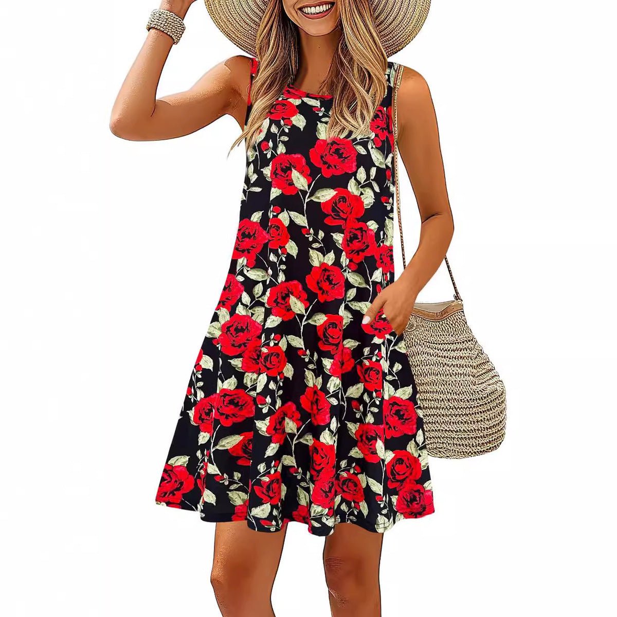 Women's Casual Printed Sleeveless Round Neck A-Line Midi Dress, with Pockets