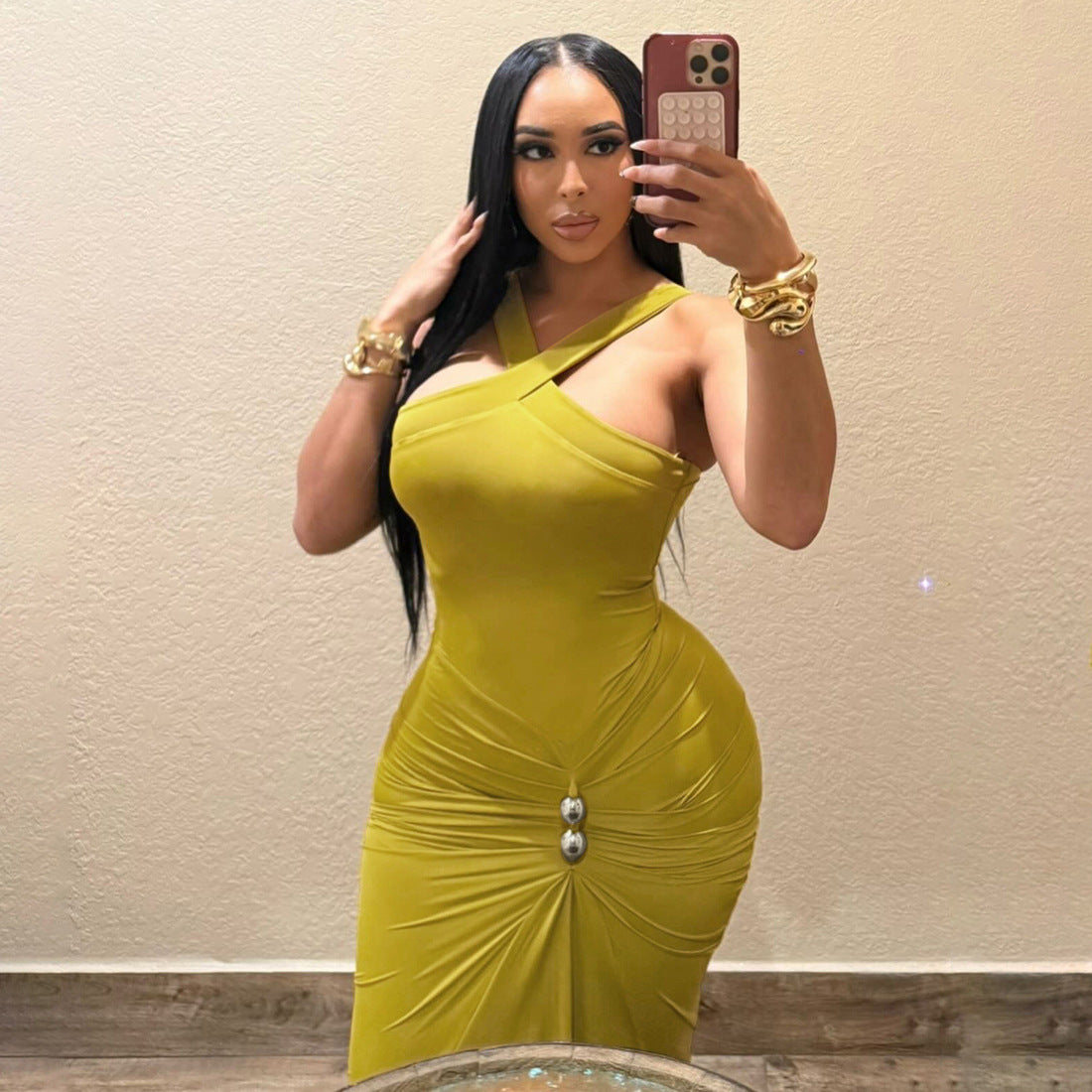 Women's Solid Color Neck Pleated Bodycon Maxi Fishtail Dress