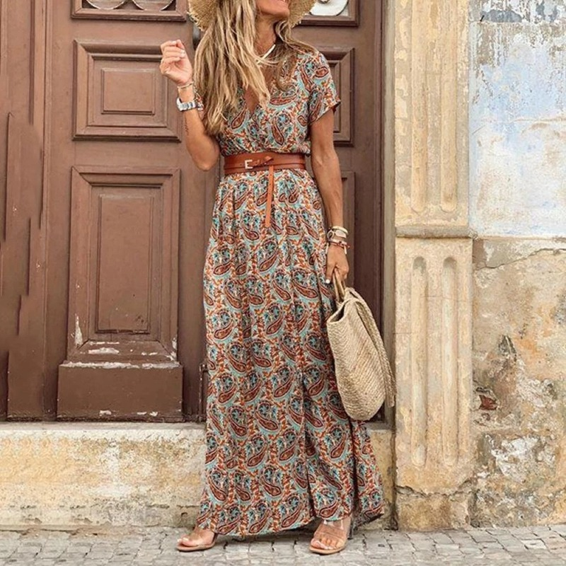 Women's Bohemian Vintage Summer V-Neck Short Sleeves Maxi Dress, with Belt