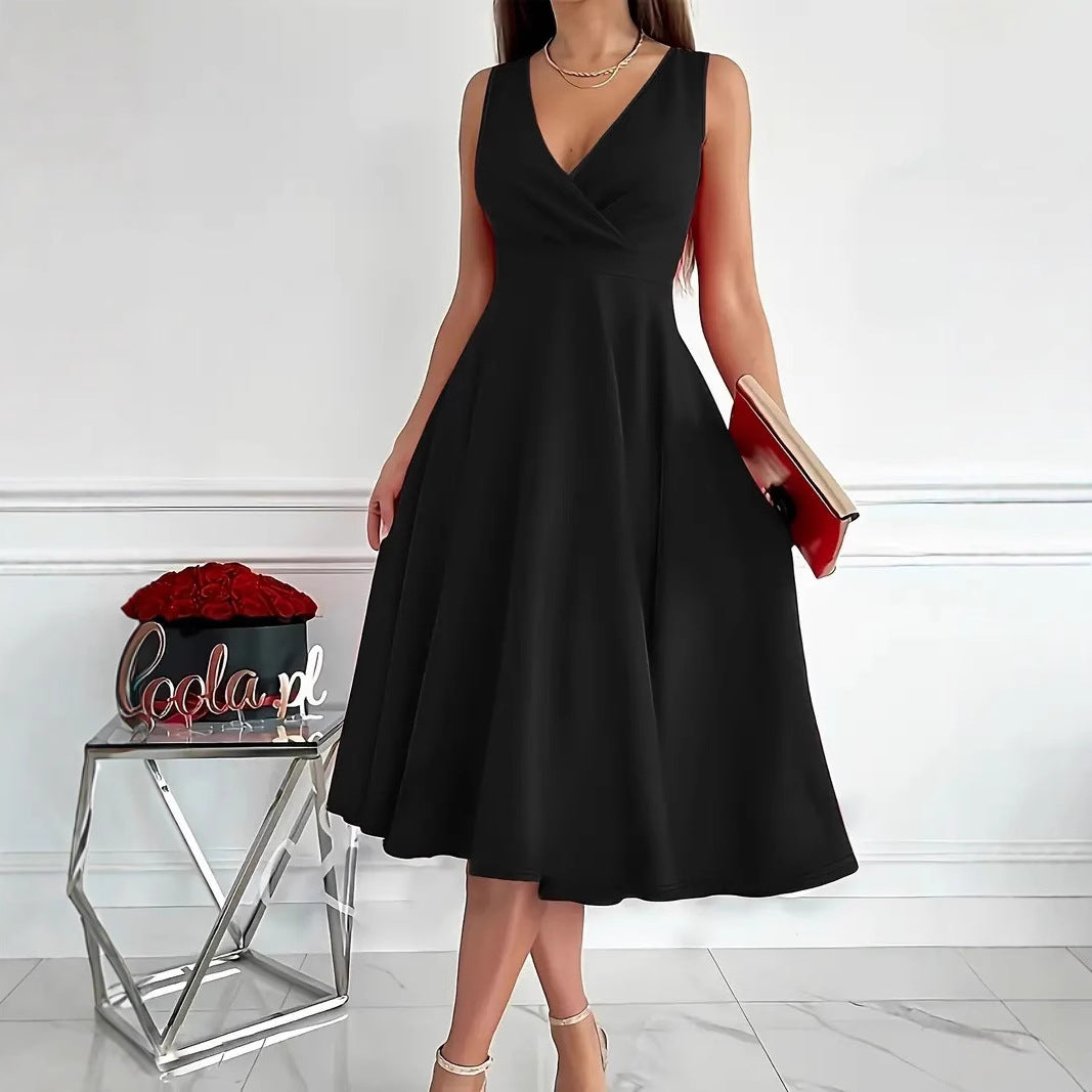 Basic Solid Color Sleeveless V-Neck Midi Dress