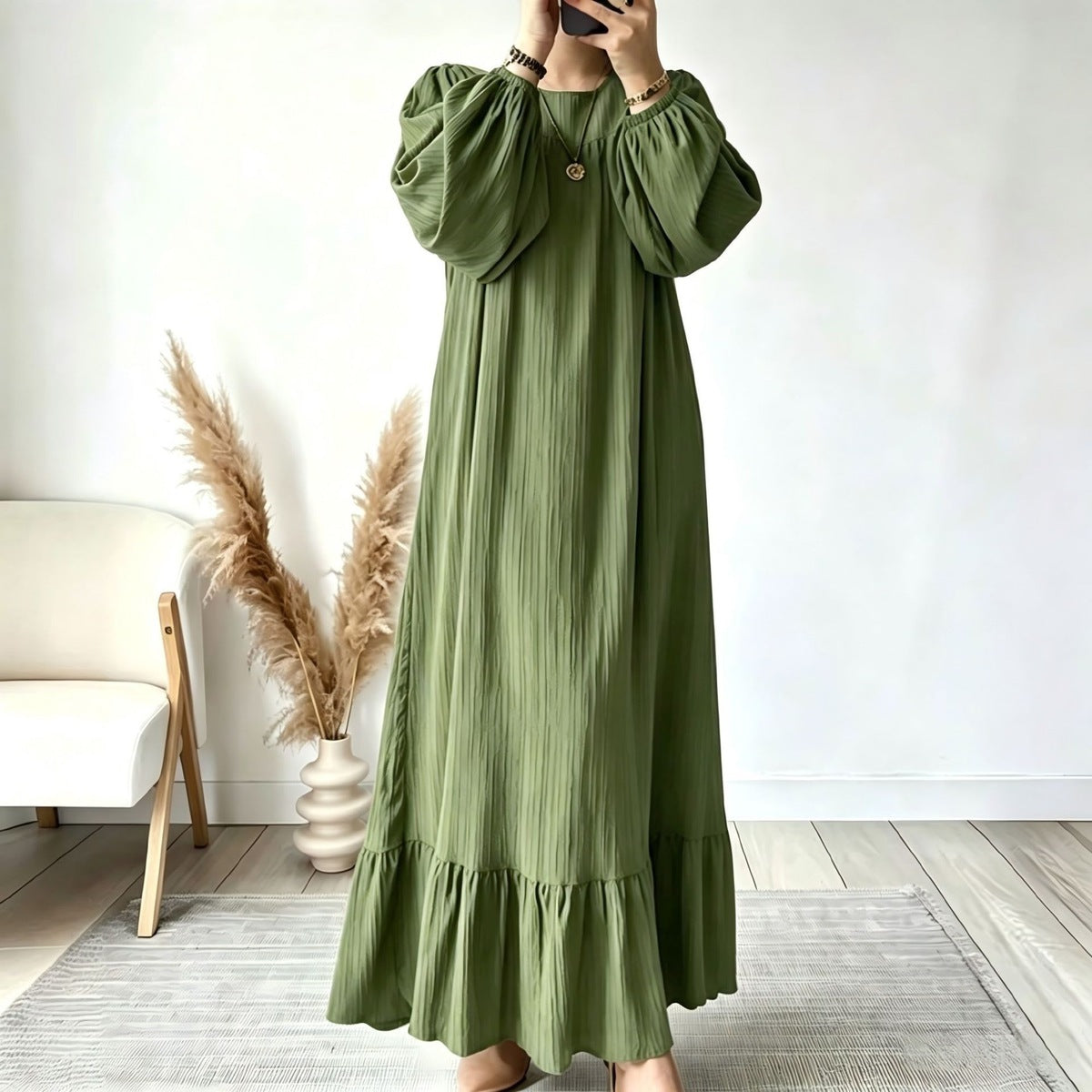 Women's Spring and Solid Color Round Neck Long Sleeve Long Ruffled Hem Dress