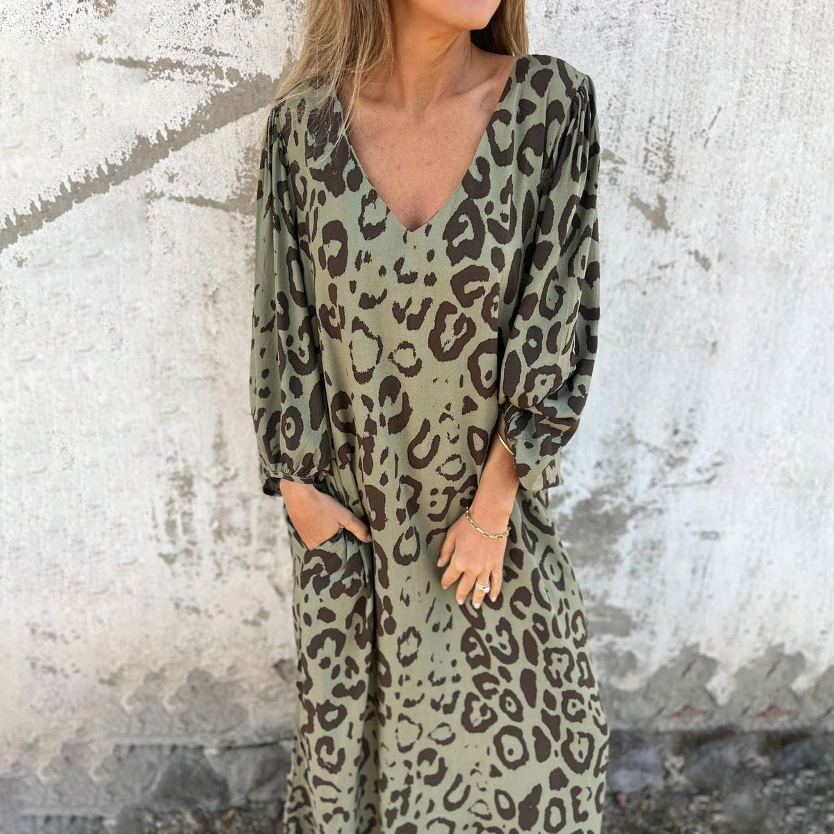 Women's Casual Leopard Printed V-Neck Long Sleeve Loose Maxi Dress