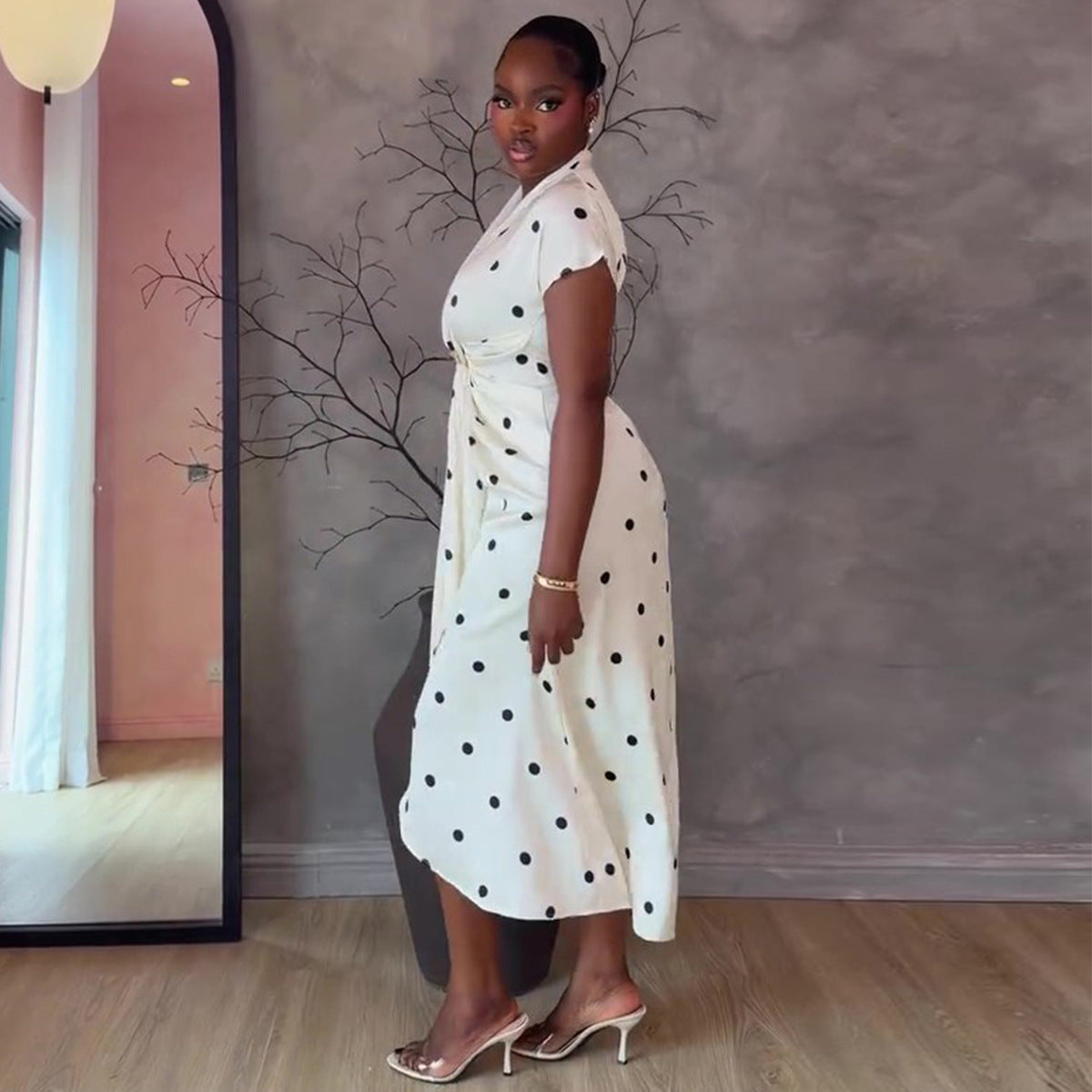 Women's Casual Polka Dot Print V-Neck Tight Waist Irregular Dress