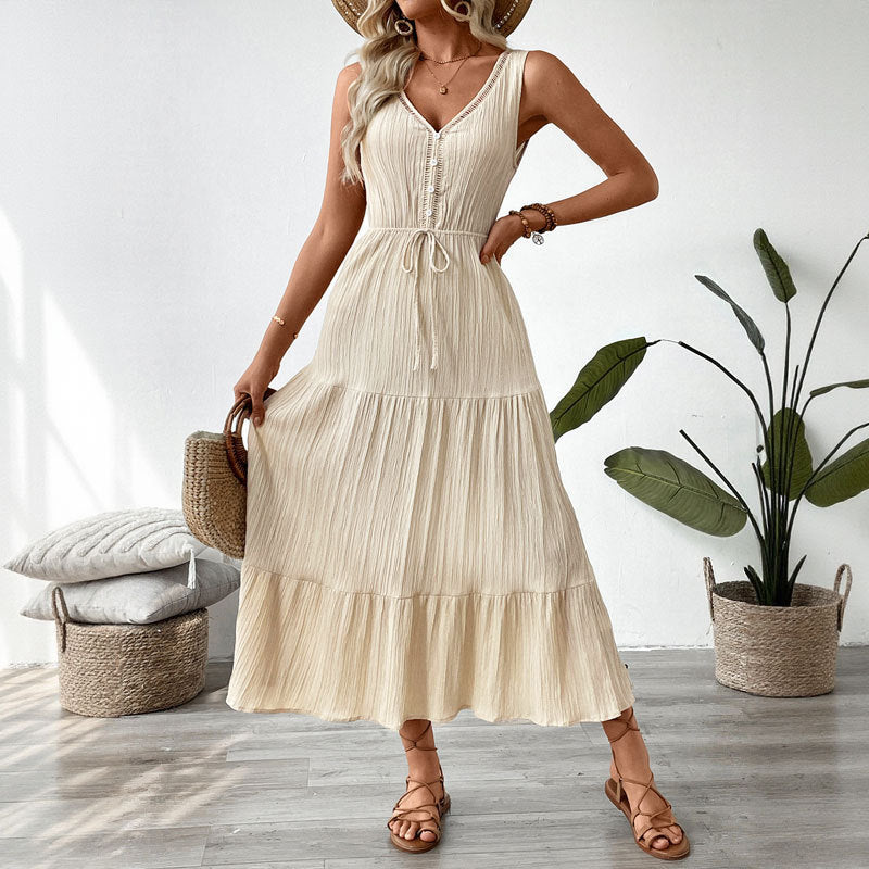 Women's Casual Solid Color V-Neck Sleeveless Loose Dress