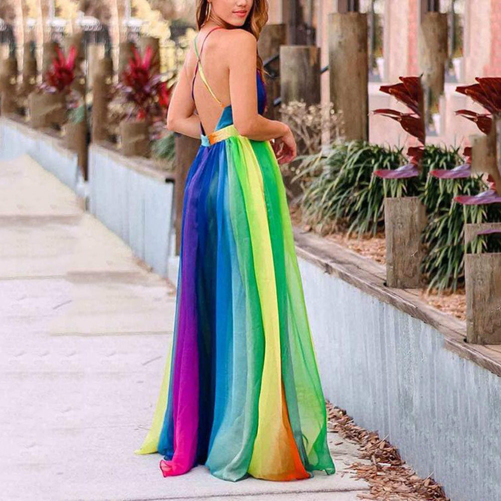 Women's Multicolor Print V-Neck Sling Chiffon Maxi Dress
