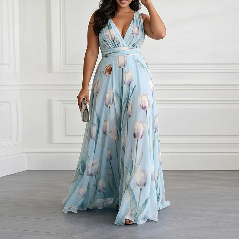 Women's Casual Flower Printed V-Neck Sleeveless Large Swing A-Line Dress