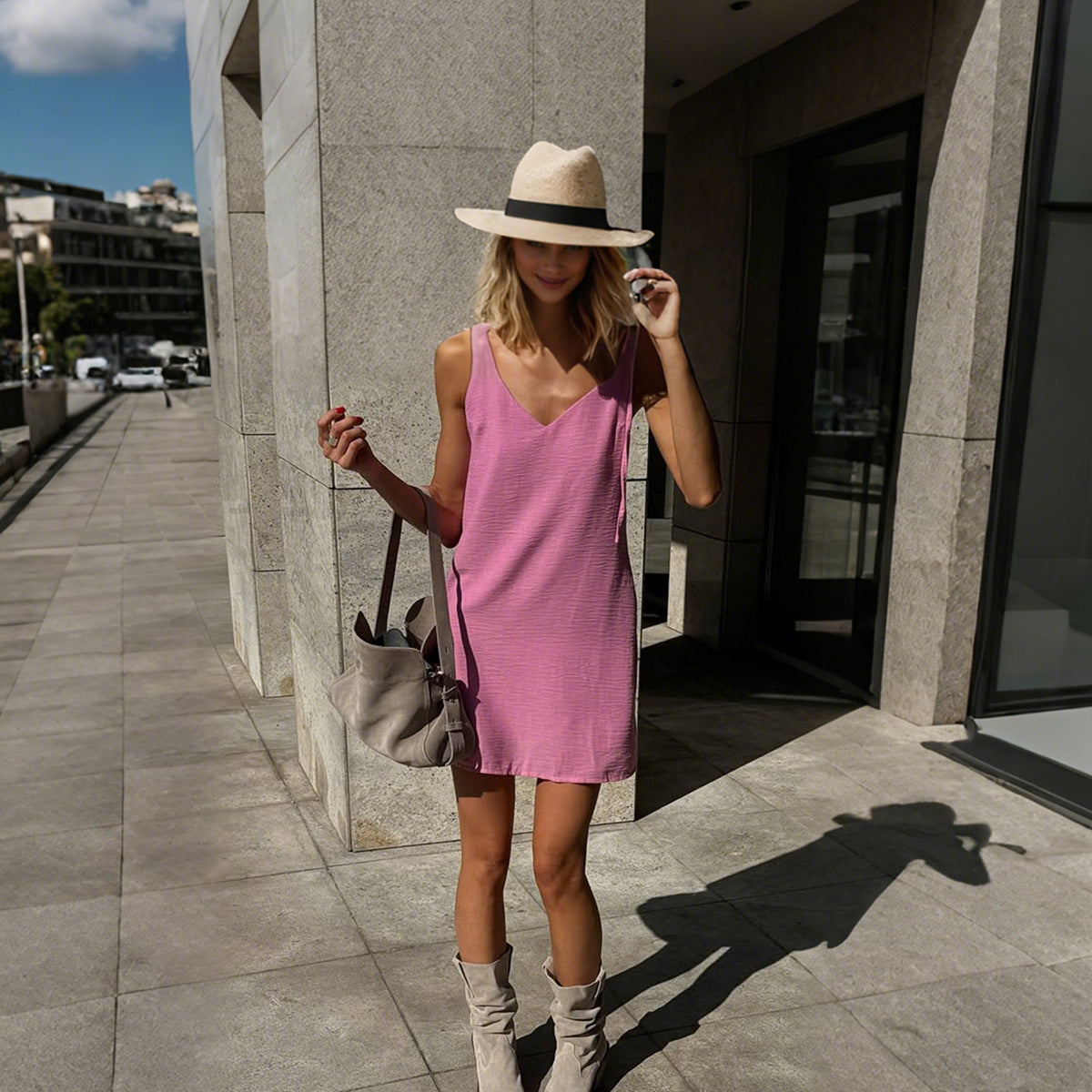 Women's Casual Simple Solid Color Sleeveless Spaghetti Strap Loose Dress