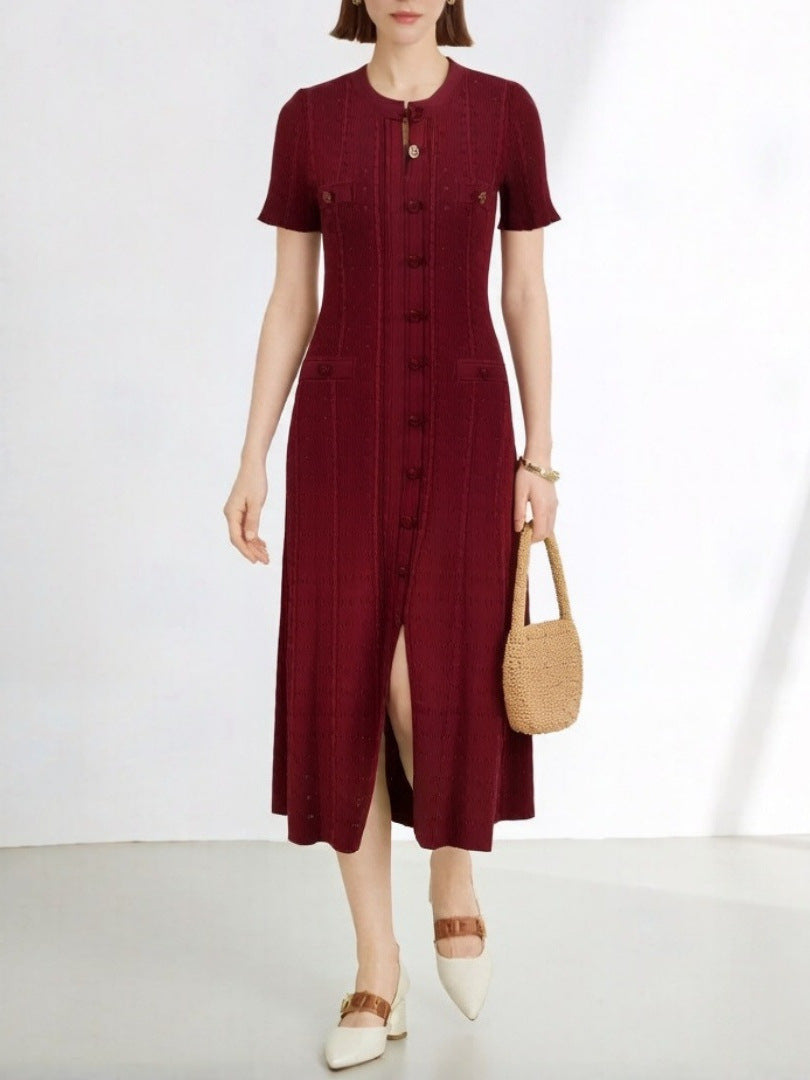 Women's Elegant Solid Color Short Sleeve Buttons Slim-Fit Knitted Dress