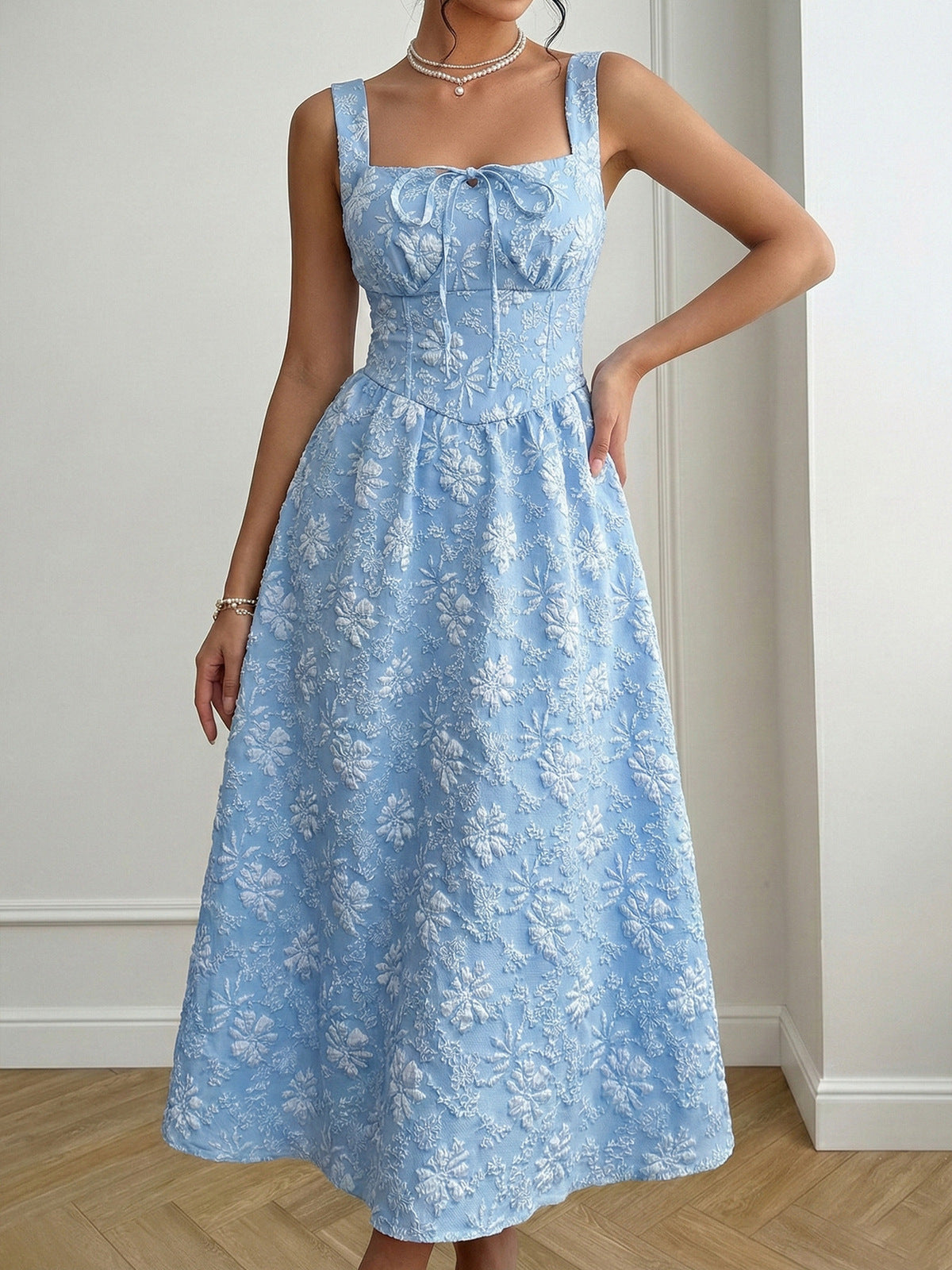 Women's Elegant Summer Blue Jacquard Square Neck Sleeveless Dress