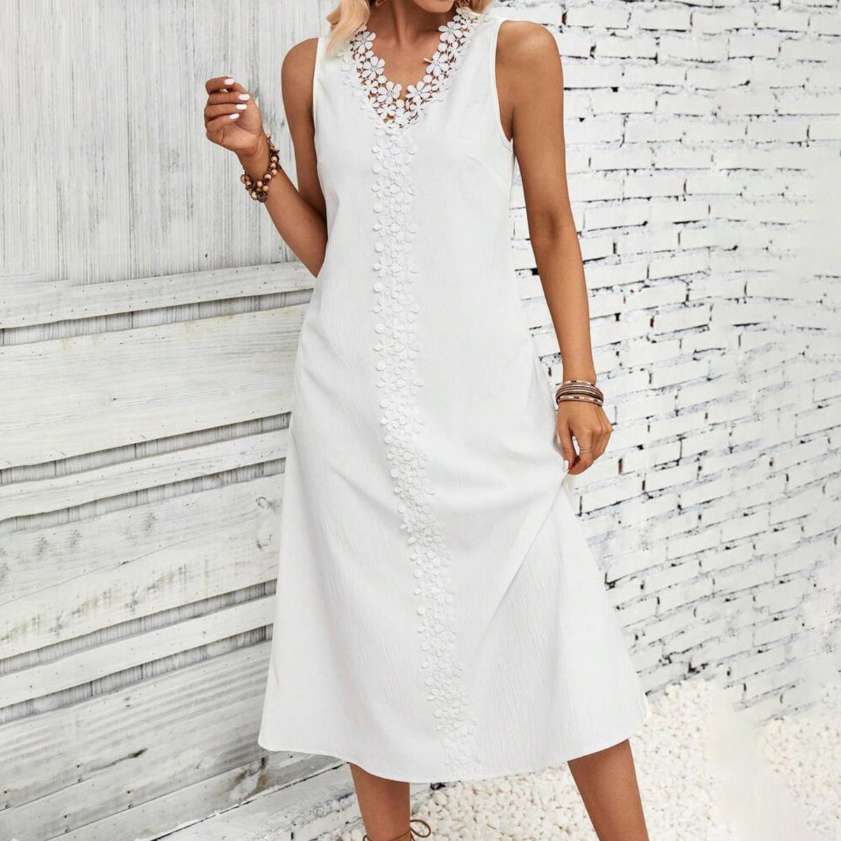 Women's Casual Summer Boho Vacation Solid Color Lace Stitching Sleeveless Dress