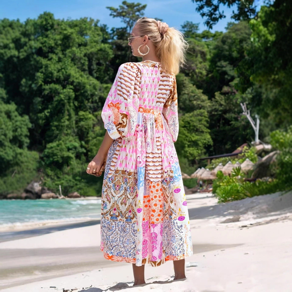 Women's Casual Boho Vcacation Printed V-Neck Short Sleeve Loose Dress