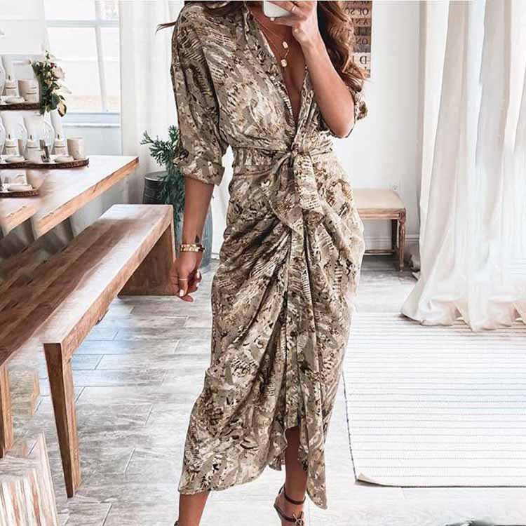 Women's Casual Elegant Spring Printed V-Neck Long Sleeve High Waist Dress